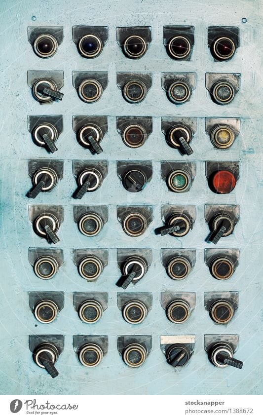 Buttons and Switches Controller Control desk Testing & Control Electric Old Vintage Worn out Dirty Industrial Multiple Many Light blue Grunge Gritty obsolete