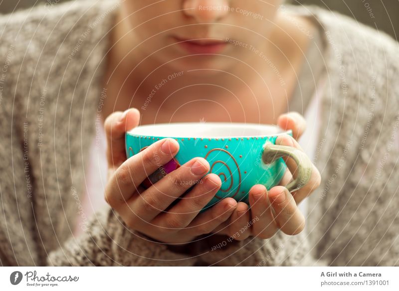 I <3 coffee cups Food Drinking Hot drink Coffee Tea Cup Mug Human being Feminine Hand Friendliness Turquoise Cozy To enjoy Stop Heat Break Subdued colour