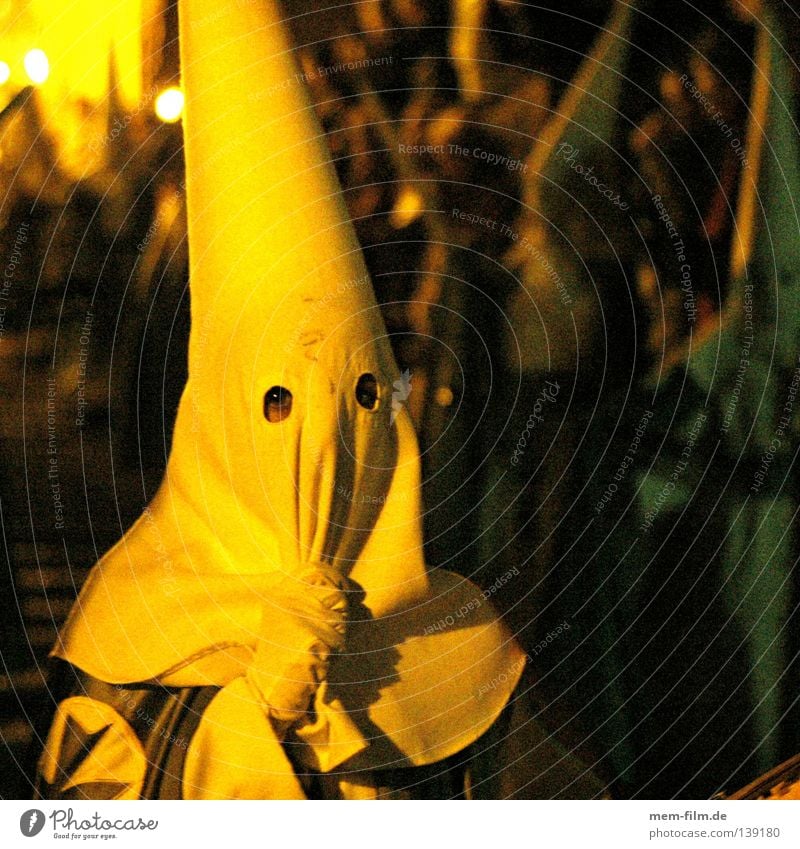 hooded man Holy Week Spain Majorca Seville Hooded (clothing) Cap White Packaged Yellow Catholicism Christianity Procession Tradition Ghosts & Spectres  Eerie