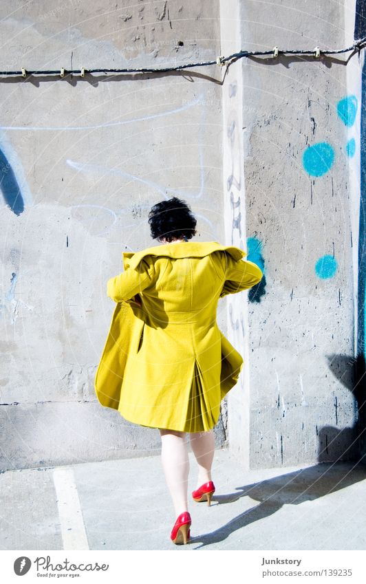 OFF THE WALL Coat High heels Woman Going Wall (building) Wall (barrier) Concrete Red Black Yellow Green Neon light Style Self-confident Turnaround Clothing