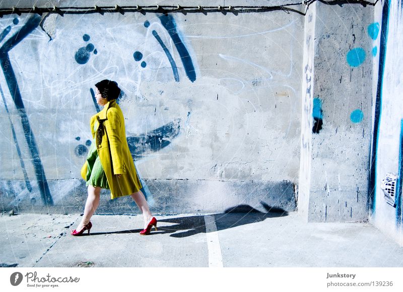 WALK ON... Coat High heels Woman Going Wall (building) Wall (barrier) Concrete Red Black Yellow Green Neon light Style Self-confident Turnaround Clothing