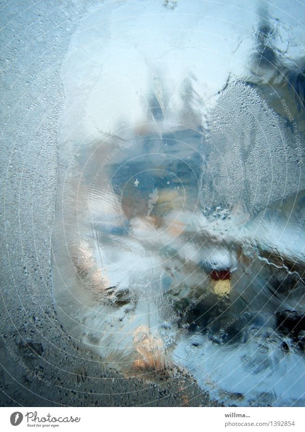 View through an icy window in winter Winter Ice Frost Cold Blue Frozen Window pane blurriness Light blue Colour photo Exterior shot Deserted