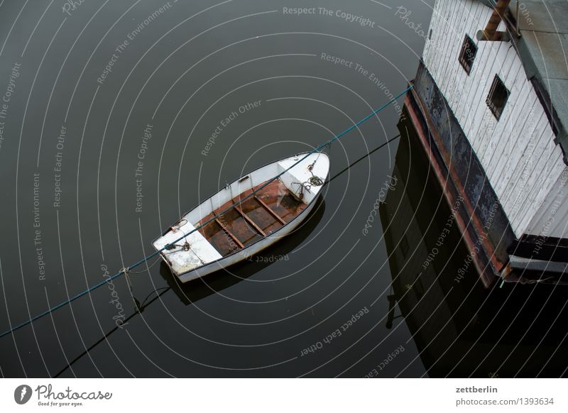 boat Watercraft Dinghy Motor barge Fishing (Angle) Houseboat Surface of water River Elbe Harbour Yacht harbour Bird's-eye view Deserted Empty Dreary Autumn Rope