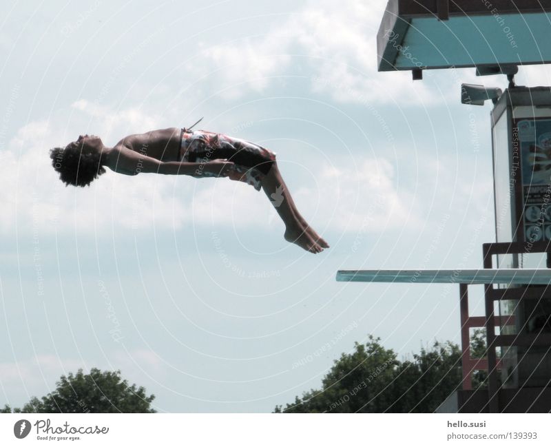 Salto backwards Summer Swimming pool Springboard Backwards Light blue Clouds Swimming trunks Acrobatic Somersault Jump Hop Posture Joy Sky Africans Abstract