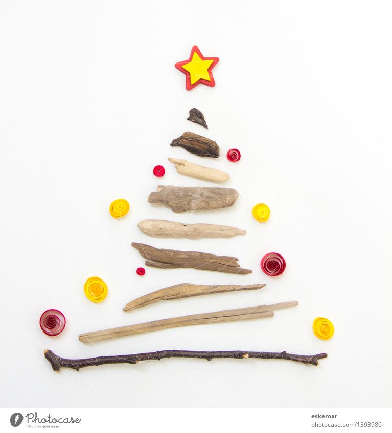 Christmas! Feasts & Celebrations Christmas & Advent Christmas tree Tree Paper Wood Sphere Simple Brown Yellow Red White Anticipation Nature Driftwood