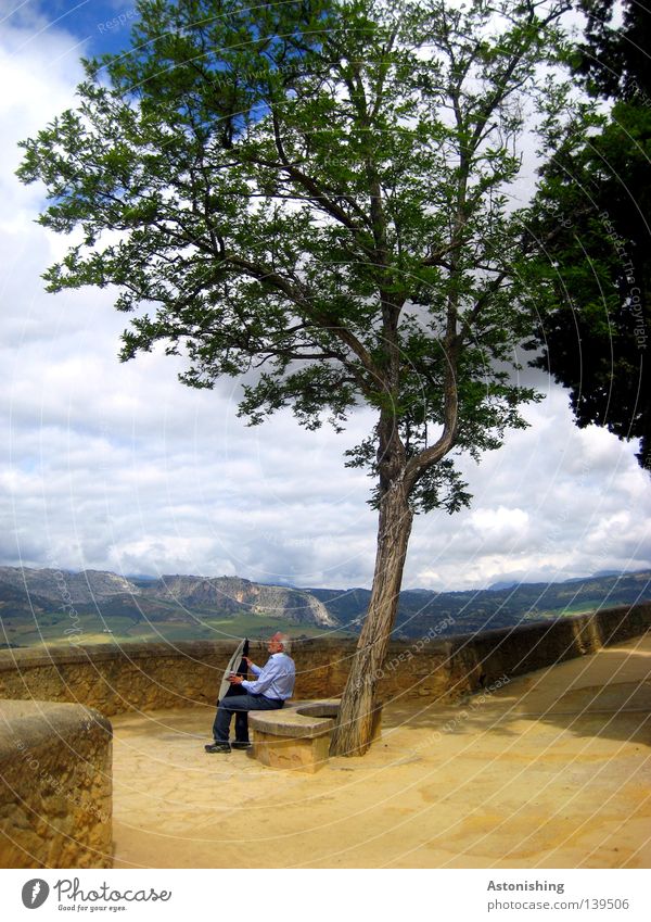 lunch break Mountain Man Adults Nature Landscape Clouds Horizon Warmth Tree Jacket Stone Sit Break Midday Lunch hour Costume Ronda Spain Bench Vantage point