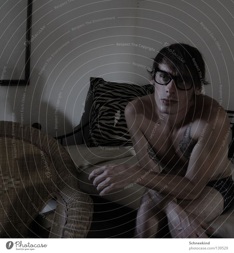 self-portrait Man Flat (apartment) Sofa Bed Zebra Cushion Wall (building) Armchair Eyeglasses Glass Pirate Piercing Vessel Fingers Hand Room Shorts