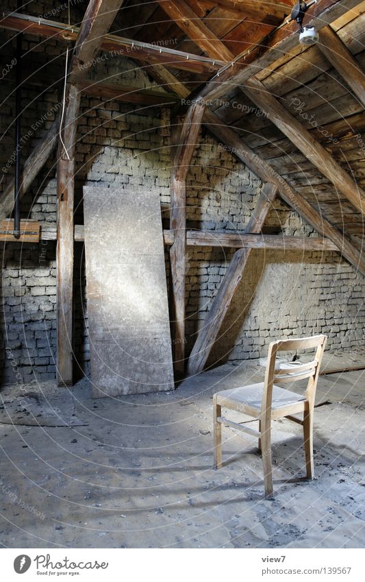 hanger Furniture Attic Wood Brick Dust Forget Calm Unconscious Hang up Judge Dirty Gloomy Light Shaft of light Wall (barrier) Half-timbered facade Roof Rope