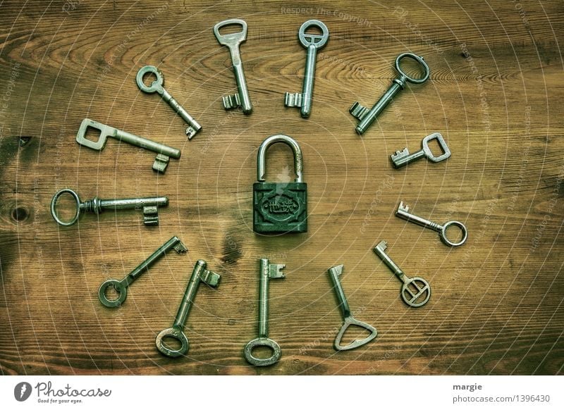 Which one fits? Different keys arranged in a circle around a curtain - lock Technology Key Lock Wood Metal Brown Black Select Selection Close Undo Safety Backup