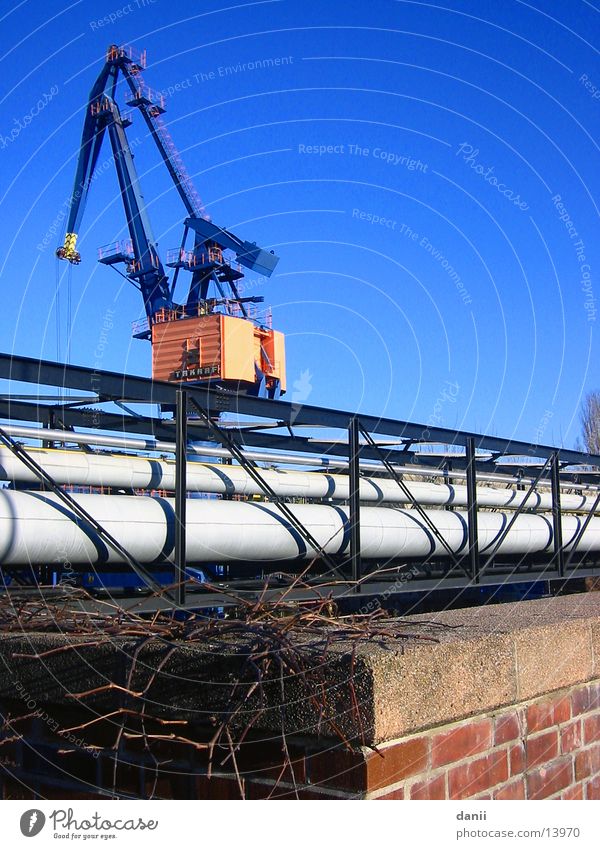 crane Crane Spree Industry Blue sky Graffiti Bewag Bridge