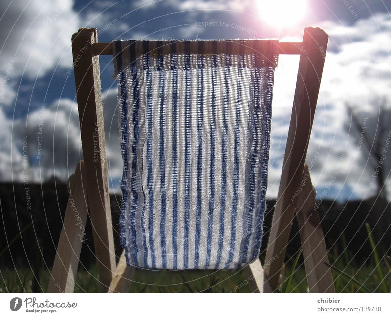 summer sunny spot Contentment Relaxation Vacation & Travel Summer Sun Clouds Warmth Blue White Deckchair Seating Striped Camping chair Folding chair