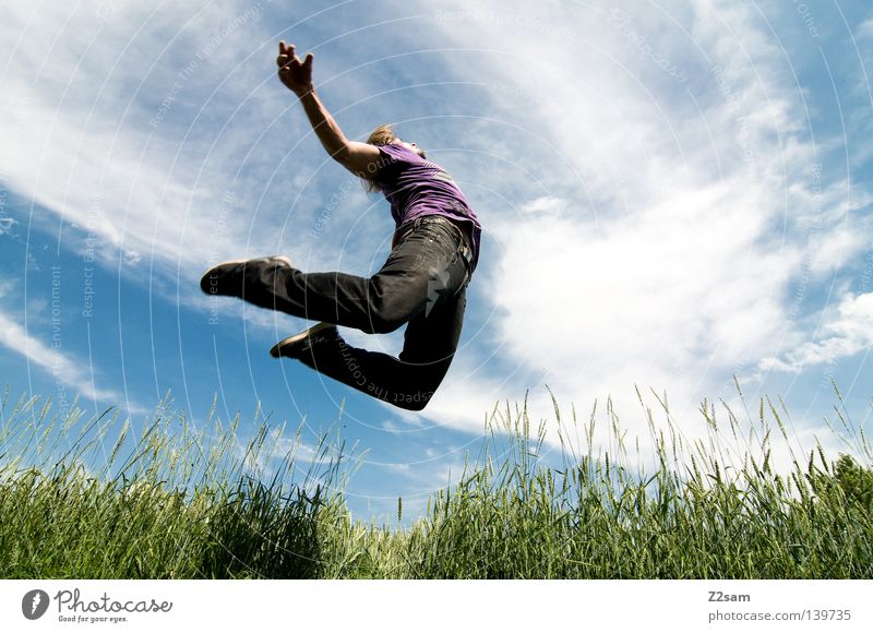 zero gravity Human being Action Contentment Eyeglasses Easygoing Jump Kick Hand Man Masculine Clouds Field Green Summer Gravity Meadow Style Blonde Sky Hover