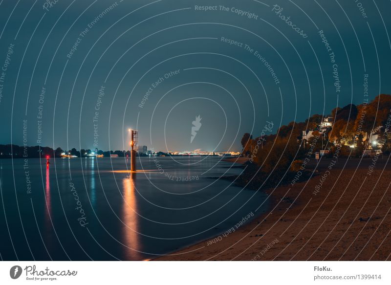 Elbe blue in blue Landscape Elements Sand Water Night sky River bank Beach Hamburg Port City Deserted Harbour Dark Blue Calm Elbstrand Buoy Lighthouse