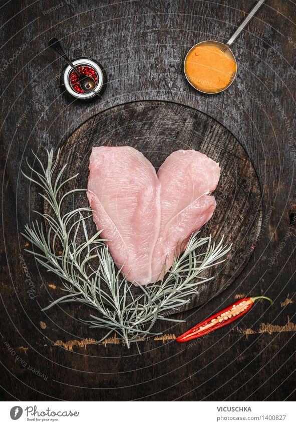heart-shaped chicken breast with herbs and spices Food Meat Herbs and spices Nutrition Lunch Dinner Banquet Organic produce Diet Spoon Style Design