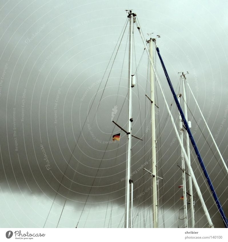 weather masts Sail Sailboat Mast Flagpole Rope Shrouds Sailing Clouds Storm Weather Watercraft Footbridge Harbour Gale Federal eagle German Flag Rain Sports