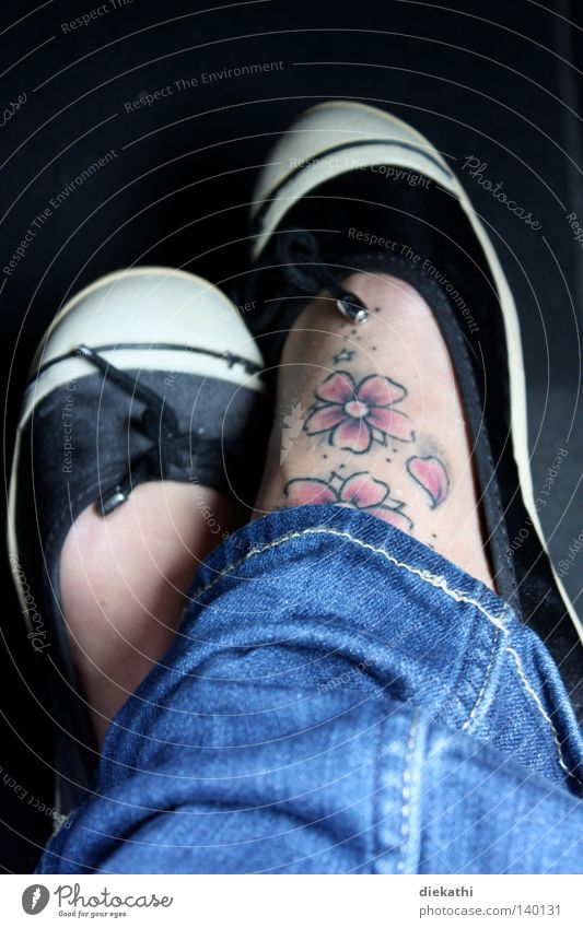 Pink! Cherry blossom Tattoo Flower Feet Women`s feet Footwear Jeans Denim Black Blue Woman Art Culture foot tattoo Skin Dancing shoes