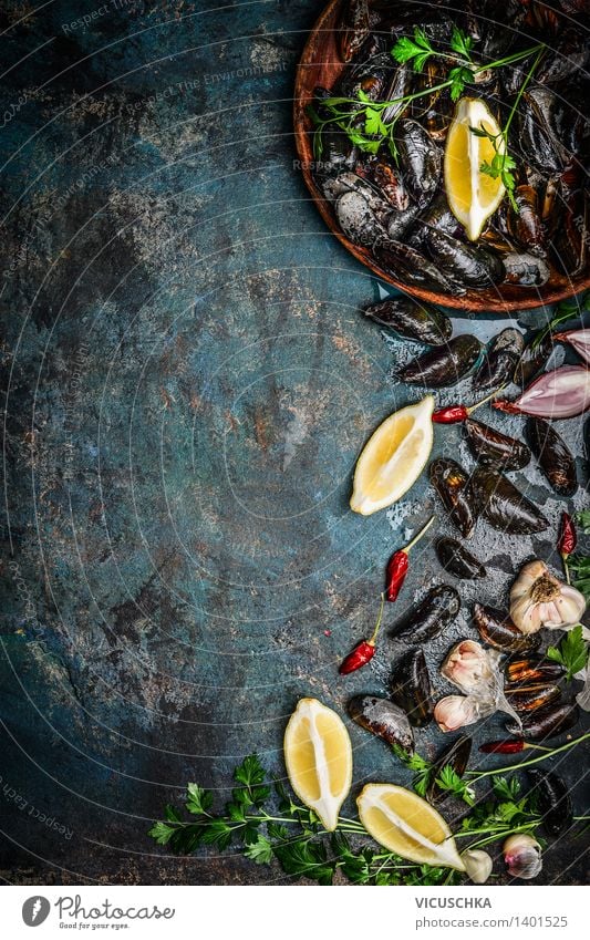 Fresh mussels with lemon and ingredients Food Seafood Herbs and spices Nutrition Dinner Banquet Plate Healthy Eating Life Table Kitchen Restaurant Nature Design