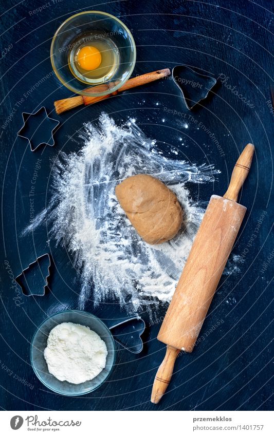 Preparation of dough for Christmas cookies Table Kitchen Make Cut Cutter Knife Egg Flour Gingerbread Home-made Rolling pin Colour photo Deserted Bird's-eye view