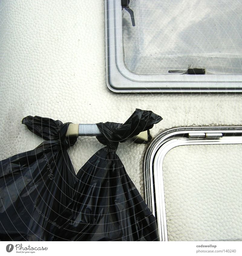 his and hers Caravan Window Trash Detail Hinge Camping Section of image Partially visible Trash container Plastic bag