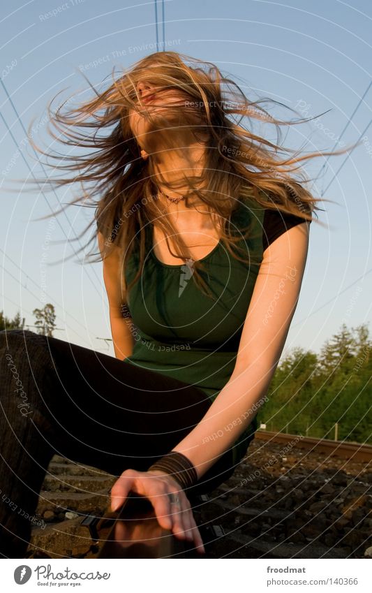 fescue thing Switzerland Beautiful Esthetic Swing Hair and hairstyles Gale Wind Movement Dynamics Sky Blue Face Neck Green Railroad Railroad tracks Spirited