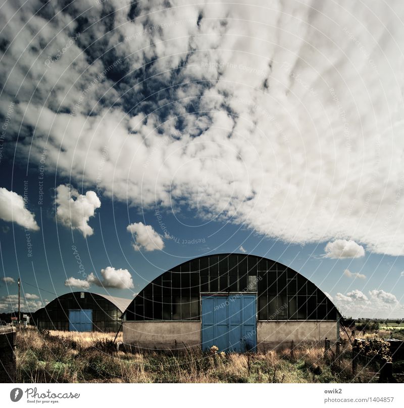 hangars Environment Nature Landscape Sky Clouds Horizon Climate Weather Beautiful weather Bushes Manmade structures Building Architecture Hangar Hall Door Round