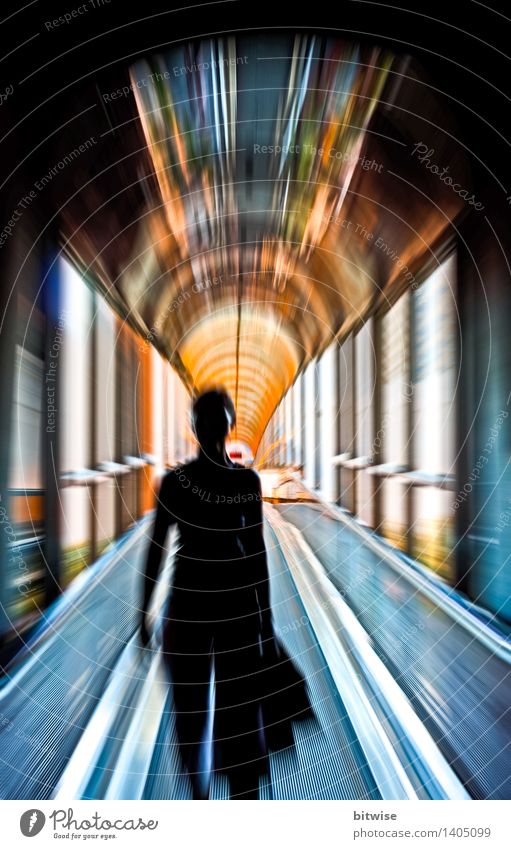 In the suction Tunnel Stairs Escalator Running Walking Dream Speed Town Blue Brown Orange Silver Cold Mobility Modern Colour photo Interior shot Copy Space top