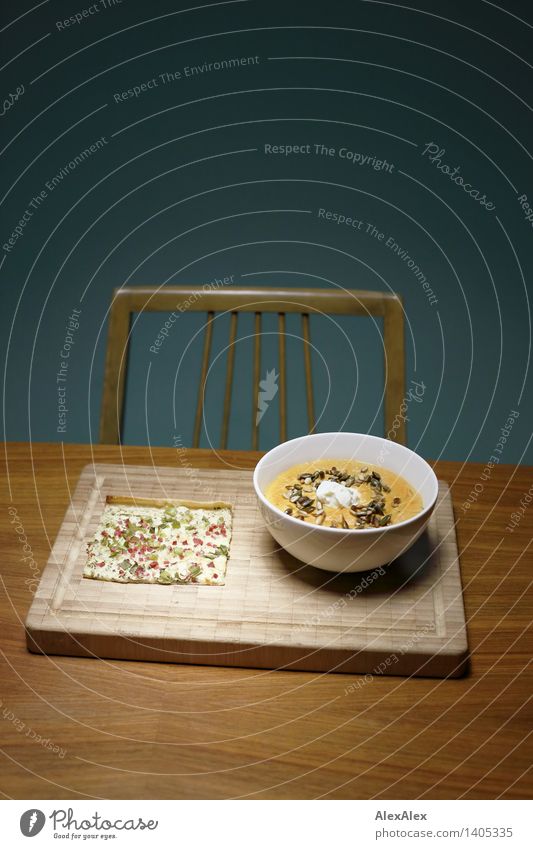 meal Food Soup Bowl tarte flambée Chair Table Wooden table Chopping board Meal Dinner Eating Esthetic Exceptional Simple Fluid Fresh Healthy Good Delicious
