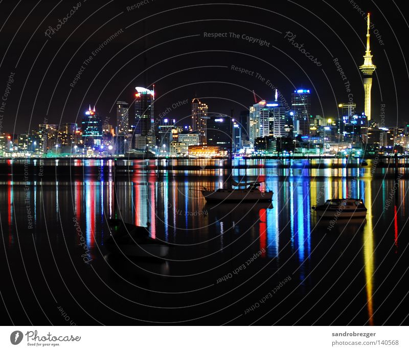 auckland@night Auckland New Zealand Night Ocean Mirror Reflection Calm Town Sky Tower Watercraft High-rise Red Yellow White Night shot Long exposure Harbour