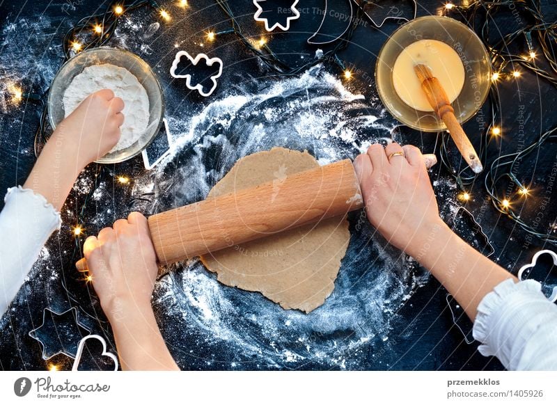 Woman making dough for a Christmas cookies Table Kitchen Human being Girl Adults Hand 2 Make Cut Cutter Knife Egg Flour Gingerbread Home-made knead Preparation