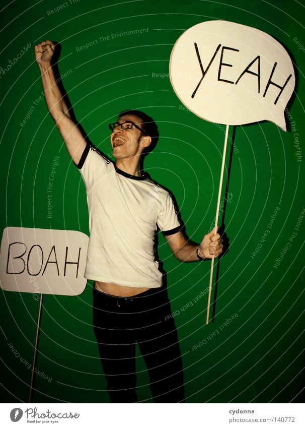 BOAH YEAH Bah! Signs and labeling Speech bubble Exclamation Moody Power Emotions Green Trashy Gaudy Colour Flashy Human being Man Guy Fellow Joy Wall (building)