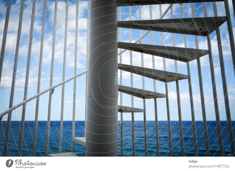 broadening of horizons Water Sky Clouds Horizon Summer Beautiful weather Ocean Deserted Stairs Winding staircase Exterior shot Line Spiral Blue Muddled Go up