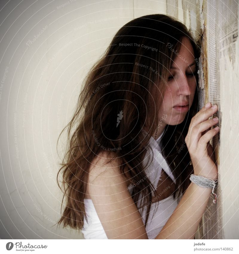 Left alone. Woman Living thing Portrait photograph Eyelash Chin Hand Fingers Bracelet Scrap of fabric White Bright Wall (building) Wallpaper Newspaper Flake off