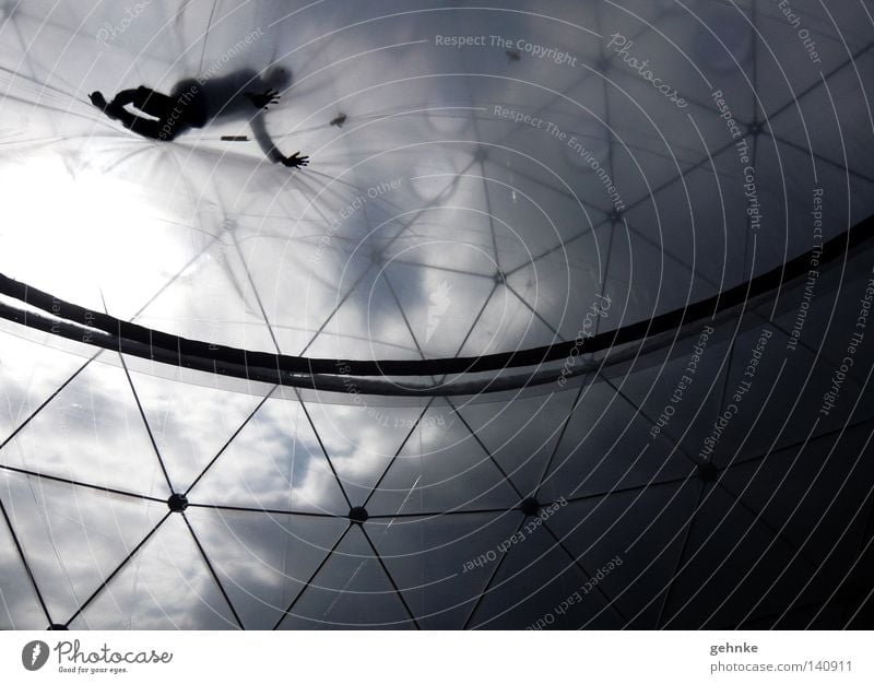 Falling from the sky Human being Crawl Black White Worm's-eye view Sky Contrast Clouds Structures and shapes Stability Construction Grid Tension Strange Above