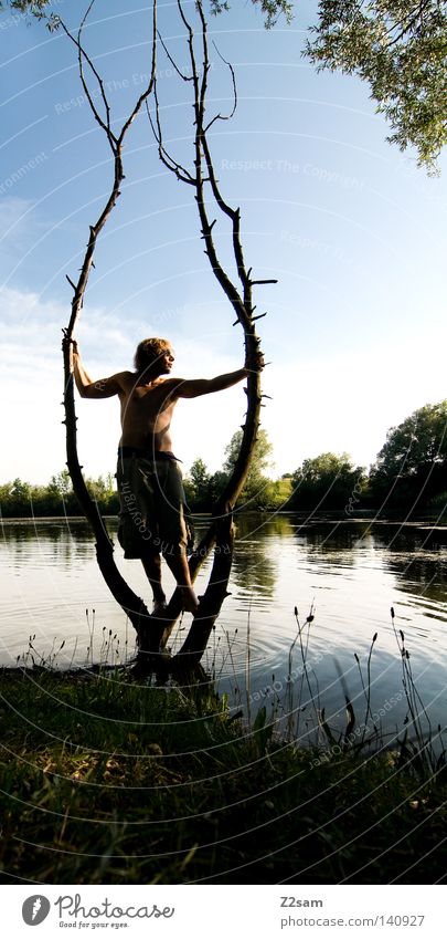 I'm going back to work tomorrow! Dusk Lake Body of water Sunset Meadow Grass Tree Pants Swimming trunks Shorts Stand Man Masculine Relaxation Calm