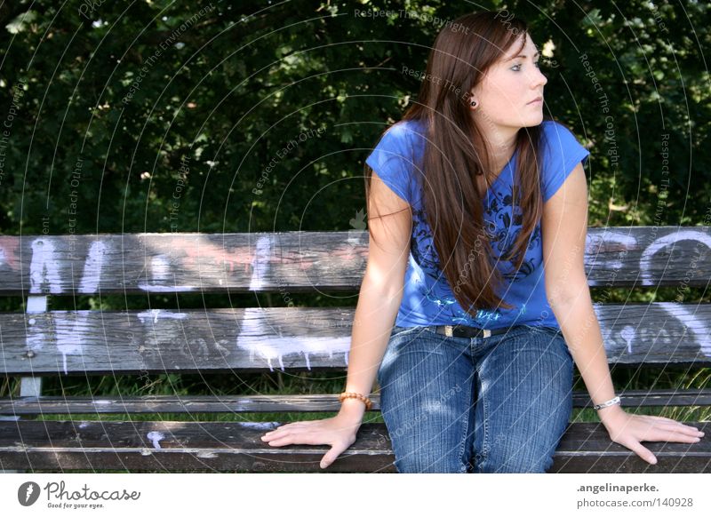 sitting and waiting Beautiful Brunette Long-haired Hair and hairstyles T-shirt Woman Hand Symmetry Wood Broken Tree Bushes Green Leaf Forest Summer Expectation