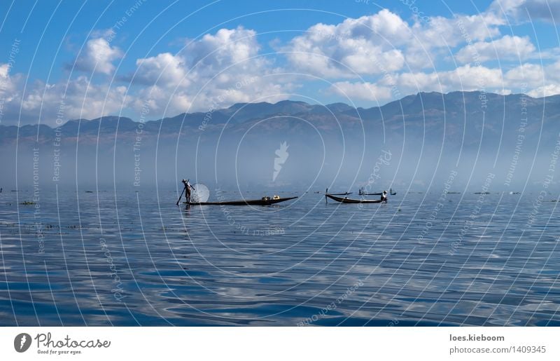 Fisher at bright Inle Lake Vacation & Travel Landscape Clouds Summer Mountain Infinity Leisure and hobbies Peace Tourism Tradition Survive blue boat fisher