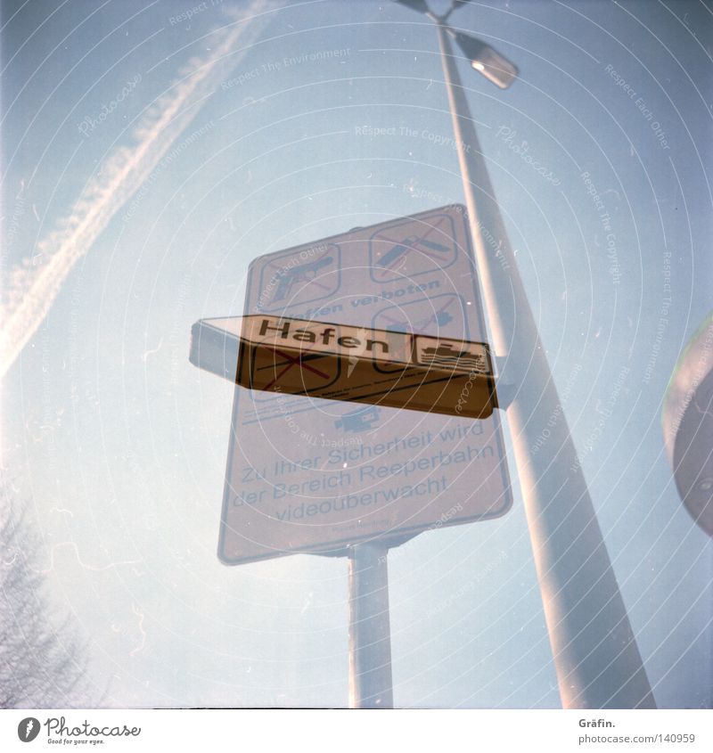 harbour ban Reeperbahn Bans Lantern Airplane 2 Holga Medium format Day Safety Traffic infrastructure Signage Harbour Signs and labeling Sky strip condensation