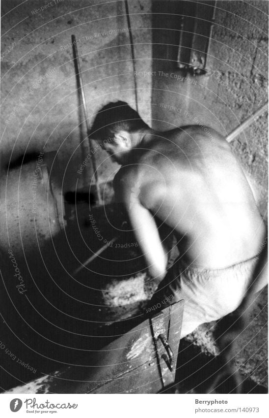 lavender distillery Man Masculine Musculature Power Movement Work and employment France Back Interior shot Black & white photo labour situation