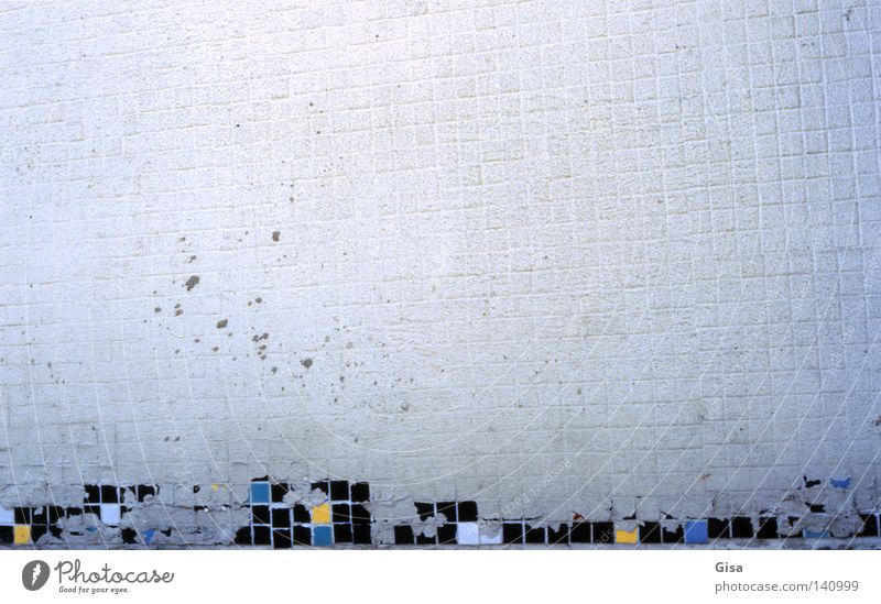 failed tetris Facade Grief Old Mosaic Incomplete Dirty Wall (building) Wall (barrier) White Gray Blue Empty Unfulfilled Exterior shot Analog Derelict Sadness