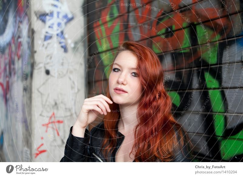 chris_by_photoart Skate park Young woman Youth (Young adults) Woman Adults 1 Human being 13 - 18 years Esslingen district Jacket Leather Red-haired Long-haired