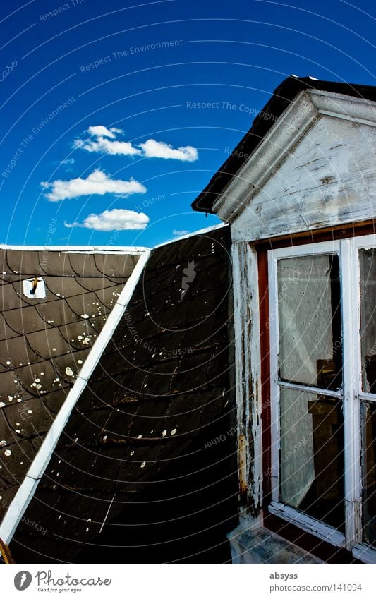 dream of summer Blue Sky Clouds White Cumulus Line House (Residential Structure) Roof Window Wood Old Tumbledown Derelict Weathered Contrast Sky blue Summer