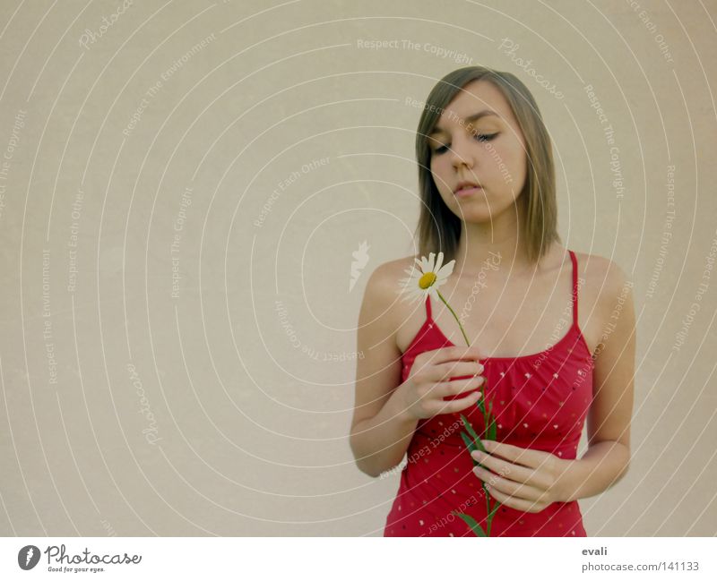 Listen to the silence, do you hear the sound it makes Portrait photograph Woman Flower Marguerite Hand Red Grief Calm Face hands Hair and hairstyles Sadness sad