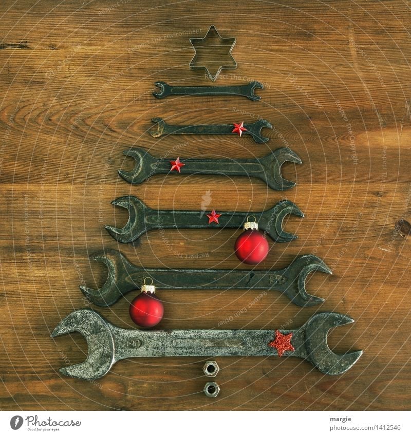 Christmas tree: different sized wrenches with red Christmas decoration Leisure and hobbies Handicraft Feasts & Celebrations Christmas & Advent Profession