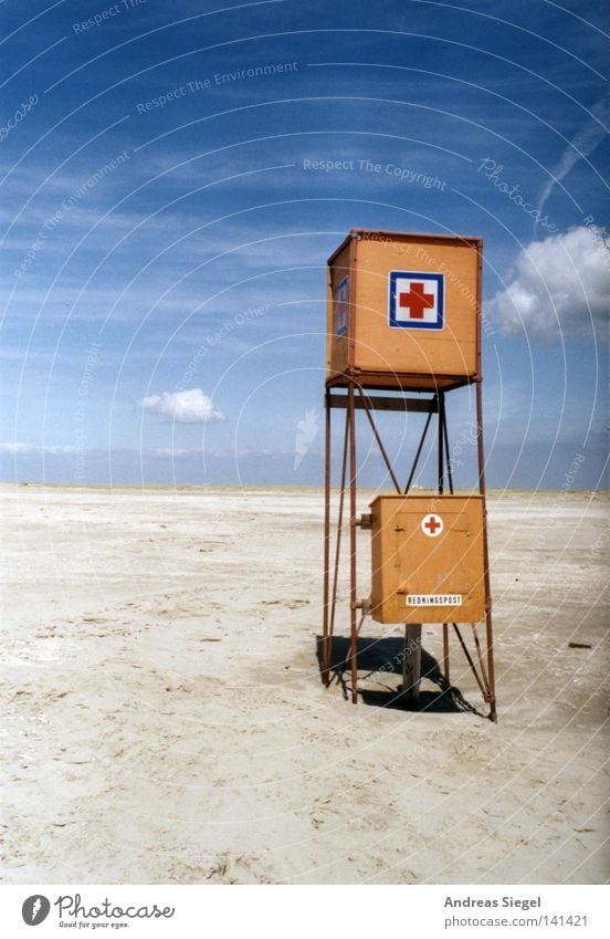 Baywatch 1.0 - out of service Beach Coast Ocean Lake Vacation & Travel Denmark Rømø Sand Lifeguard Tower First Aid Sky Blue Clouds Orange Empty Loneliness
