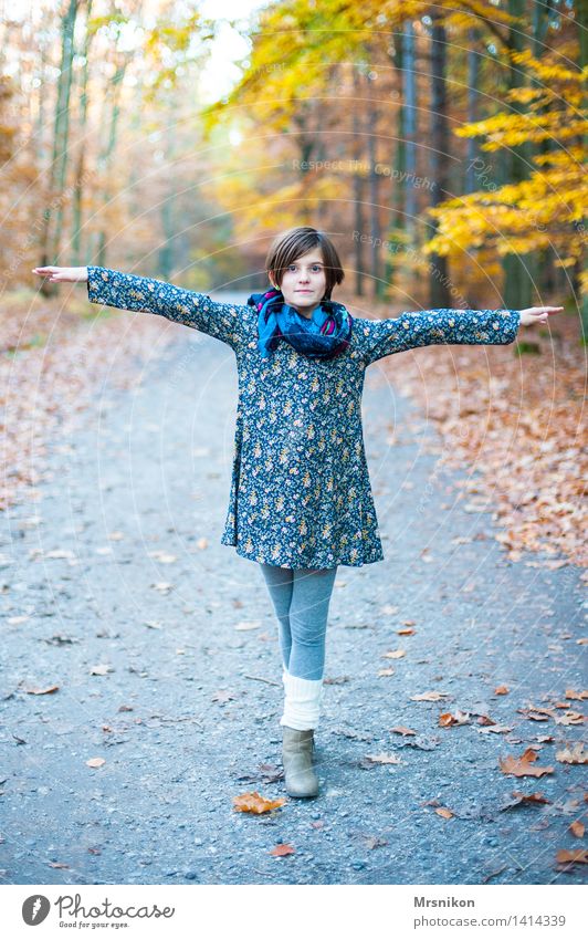 ... Girl Infancy Youth (Young adults) Life 1 Human being 8 - 13 years Child Looking Autumn Autumnal Automn wood Autumn leaves Stand Rotate Dance