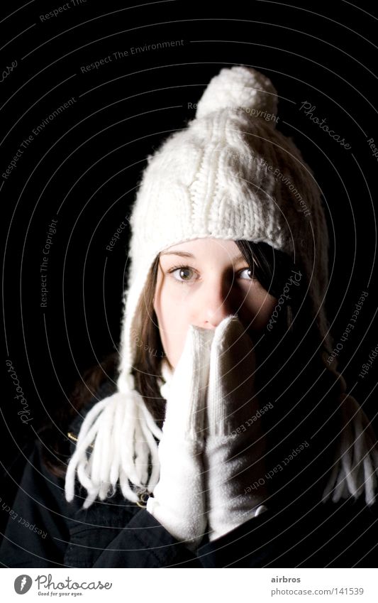 the winter will surely come again... Woman Youth (Young adults) Cap White Gloves Hand Hair and hairstyles Shallow depth of field Dark Black Background picture
