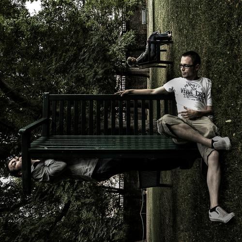 "Hide" in a different way Man Playing Leisure and hobbies Summer Clouds Dark Park Green Tree Mirror Reflection Footwear Pants T-shirt Shirt Eyeglasses