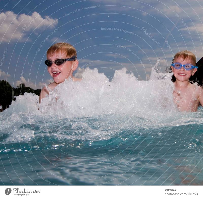 Water is wet Dive Child Summer Water fountain Vacation & Travel Joy Laughter Diving goggles Swimming goggles Twin Swimming pool Clouds Sky Sky blue Boy (child)