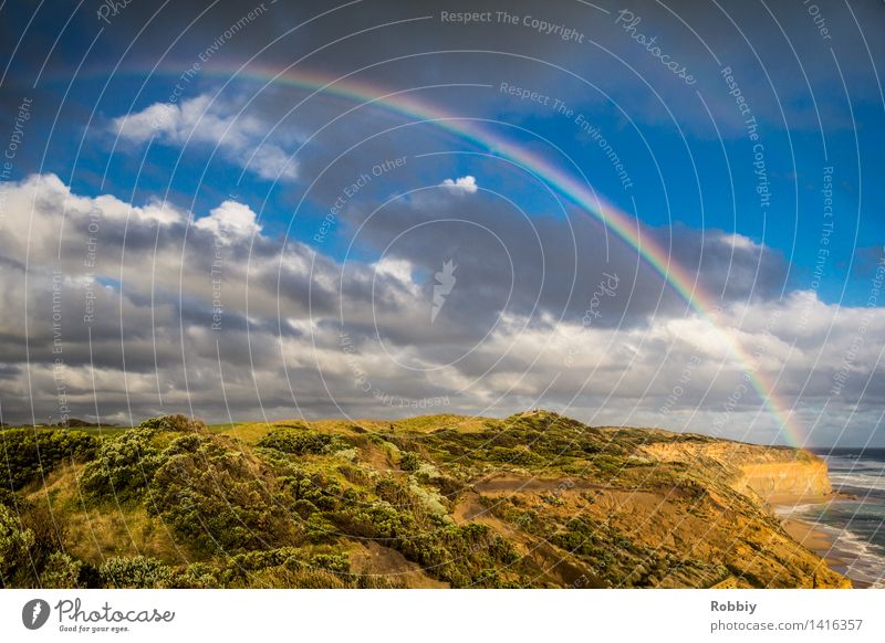 Where's the pot full of gold? Environment Nature Landscape Plant Beautiful weather Rain Park Meadow Hill Rock Coast Ocean Rainbow Great Ocean Road Esthetic