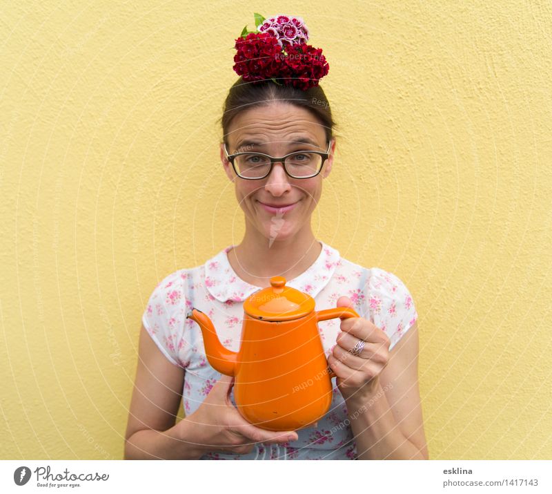 Cup of tea? To have a coffee Beverage Hot drink Tea Teapot Joy Feminine Woman Adults 1 Human being 30 - 45 years Flower Blossom Eyeglasses flower decoration